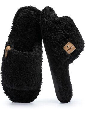 Women's Black Indoor Cozy Foam Slip On Slides Fuzzy Open Toe Soft Slipper Shoes